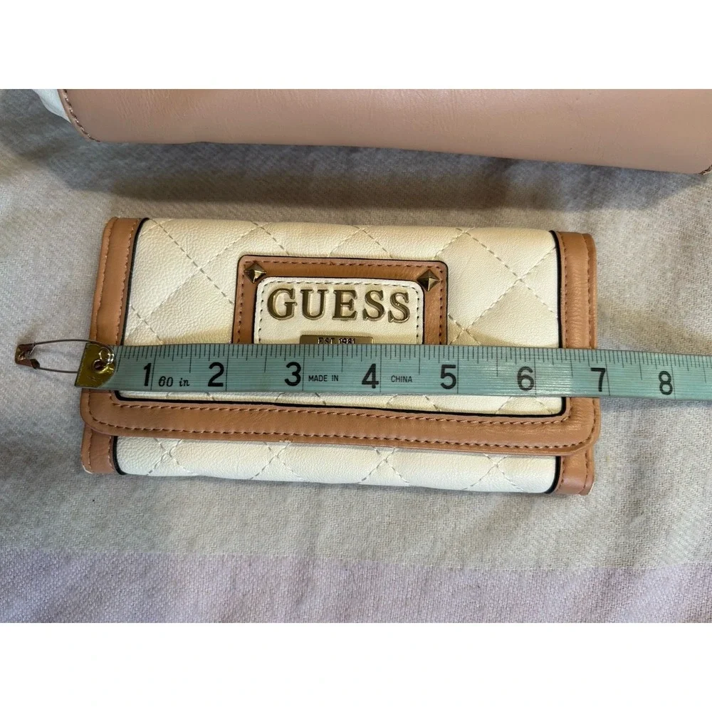Guess Satchel Hand Bag Quilted Cream & Matching Wallet Set 2pc Logo Adj Strap